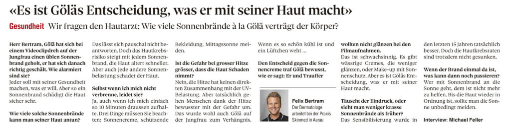 Berner Zeitung Interview skinmed Felix Bertram zu Gölä Sonnenbrand