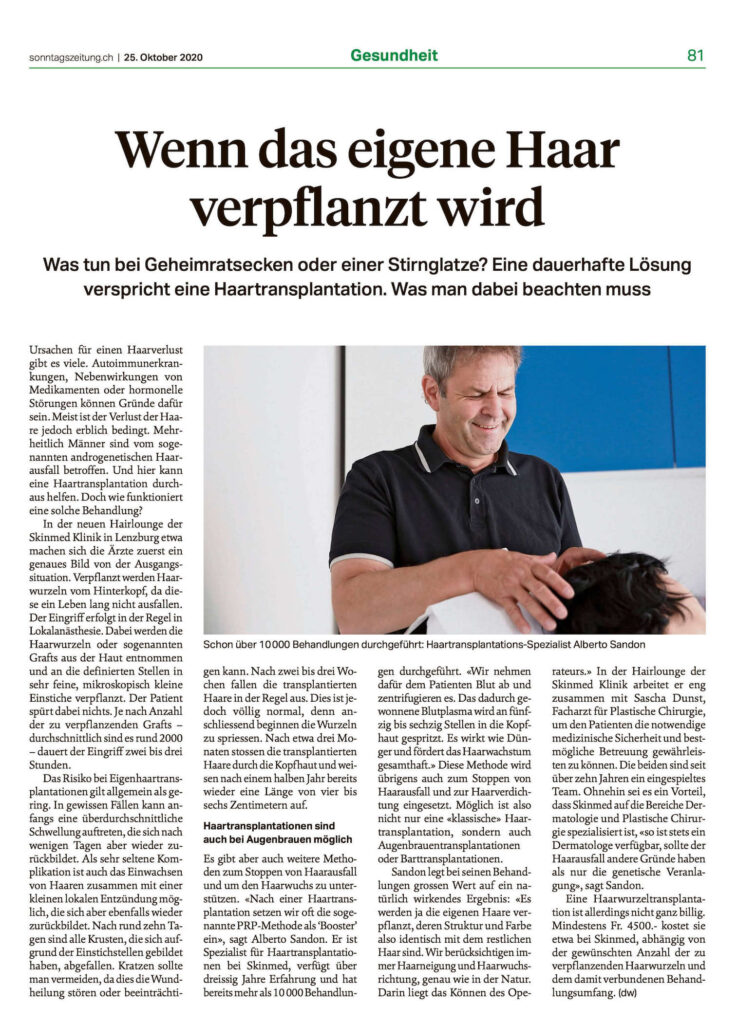 sonntagszeitung skinmed haartransplantation
